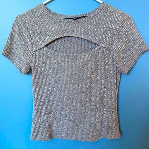 HYFVE- Cropped and Ribbed Gray Tee with Chest Cutout, Size Large